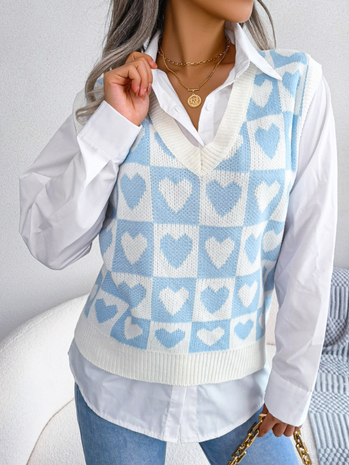 She's A Heartbreaker Heart Printed V-Neck Sweater Top(3 Colors)