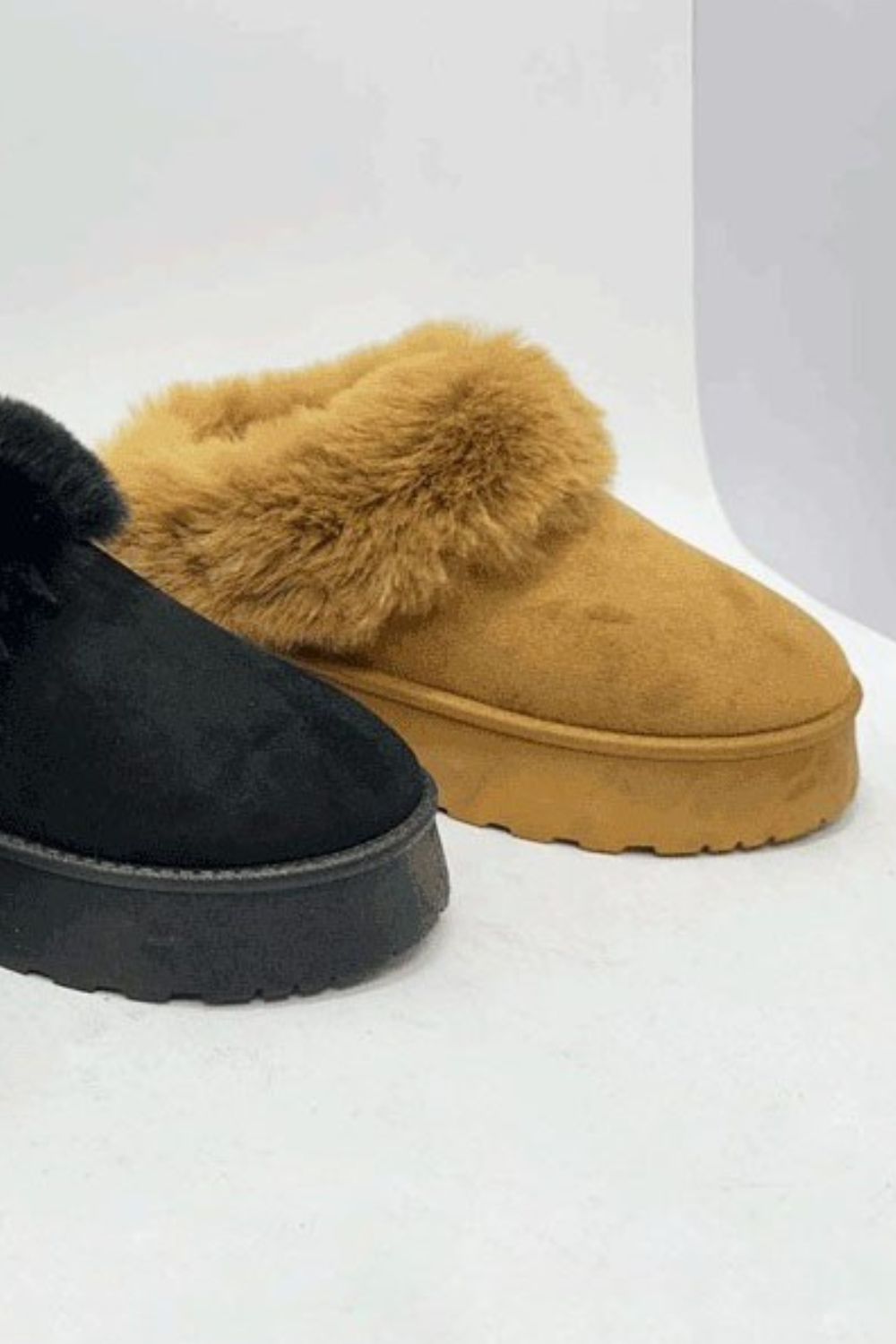 Warm And Fuzzy Camel Faux-Fur Platform Slip On Booties