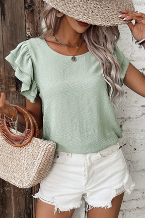 Aqua- Fresh Solid Color Ruffled Short Sleeve Casual Blouse