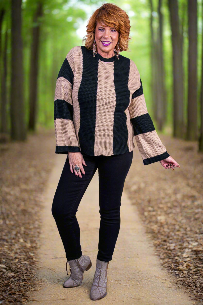 Campus Strolls Black/Tan Striped Knitted Sweater - T10386BK