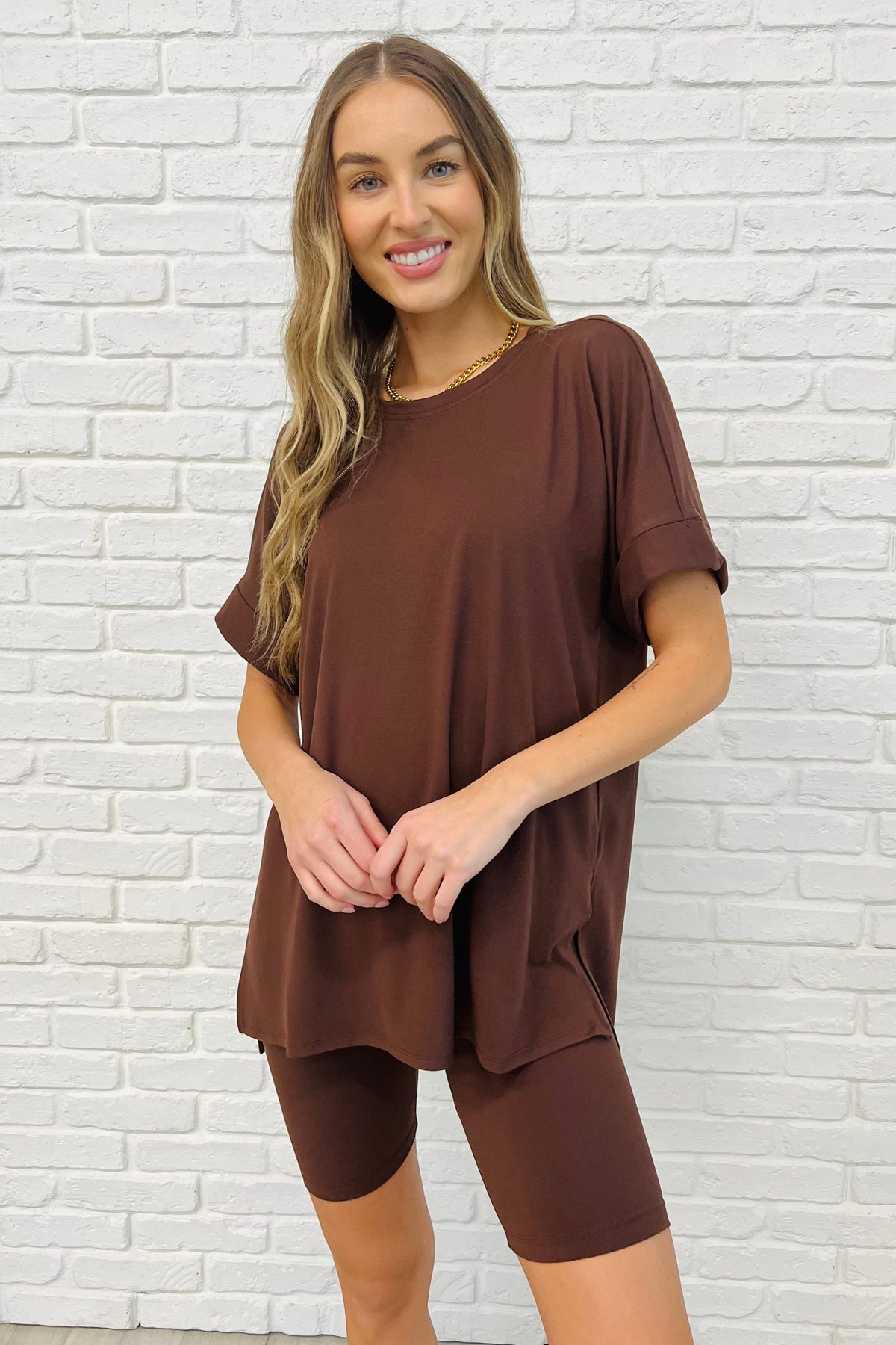 Comfy Cruising Top and Biker Shorts Set in Mahogany