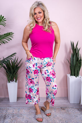 Eternal Rose Tan/Fuchsia/Blue Floral Cropped Pants - PNT1648TN