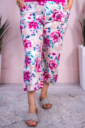 Eternal Rose Tan/Fuchsia/Blue Floral Cropped Pants - PNT1648TN