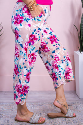 Eternal Rose Tan/Fuchsia/Blue Floral Cropped Pants - PNT1648TN