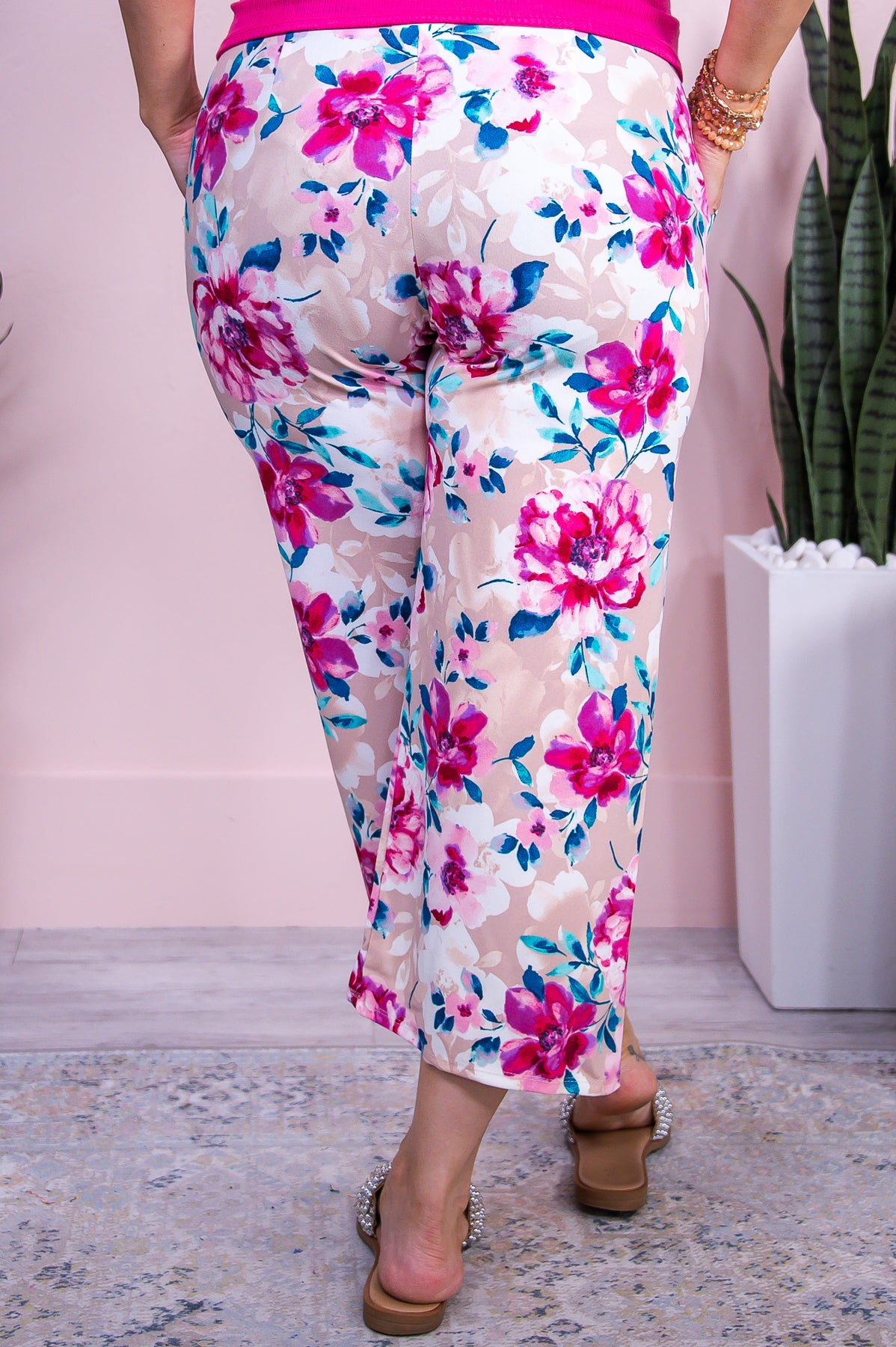 Eternal Rose Tan/Fuchsia/Blue Floral Cropped Pants - PNT1648TN