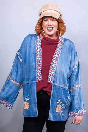 Always Stylish Denim Embroidered Kimono - O5707DN