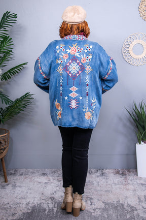 Always Stylish Denim Embroidered Kimono - O5707DN