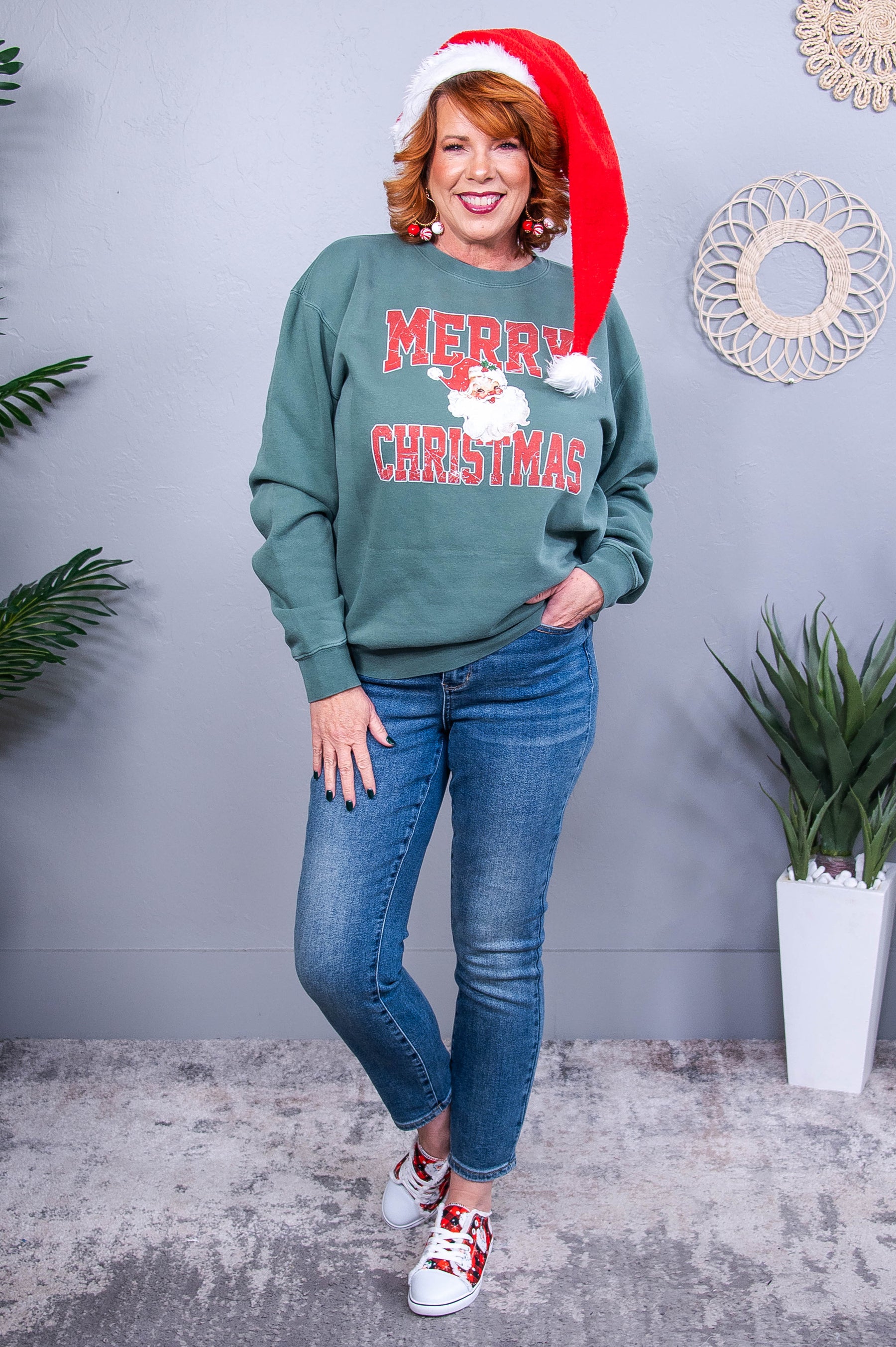 Merry Christmas Pigment Alpine Green Santa Face Graphic Sweatshirt - A3737PAG