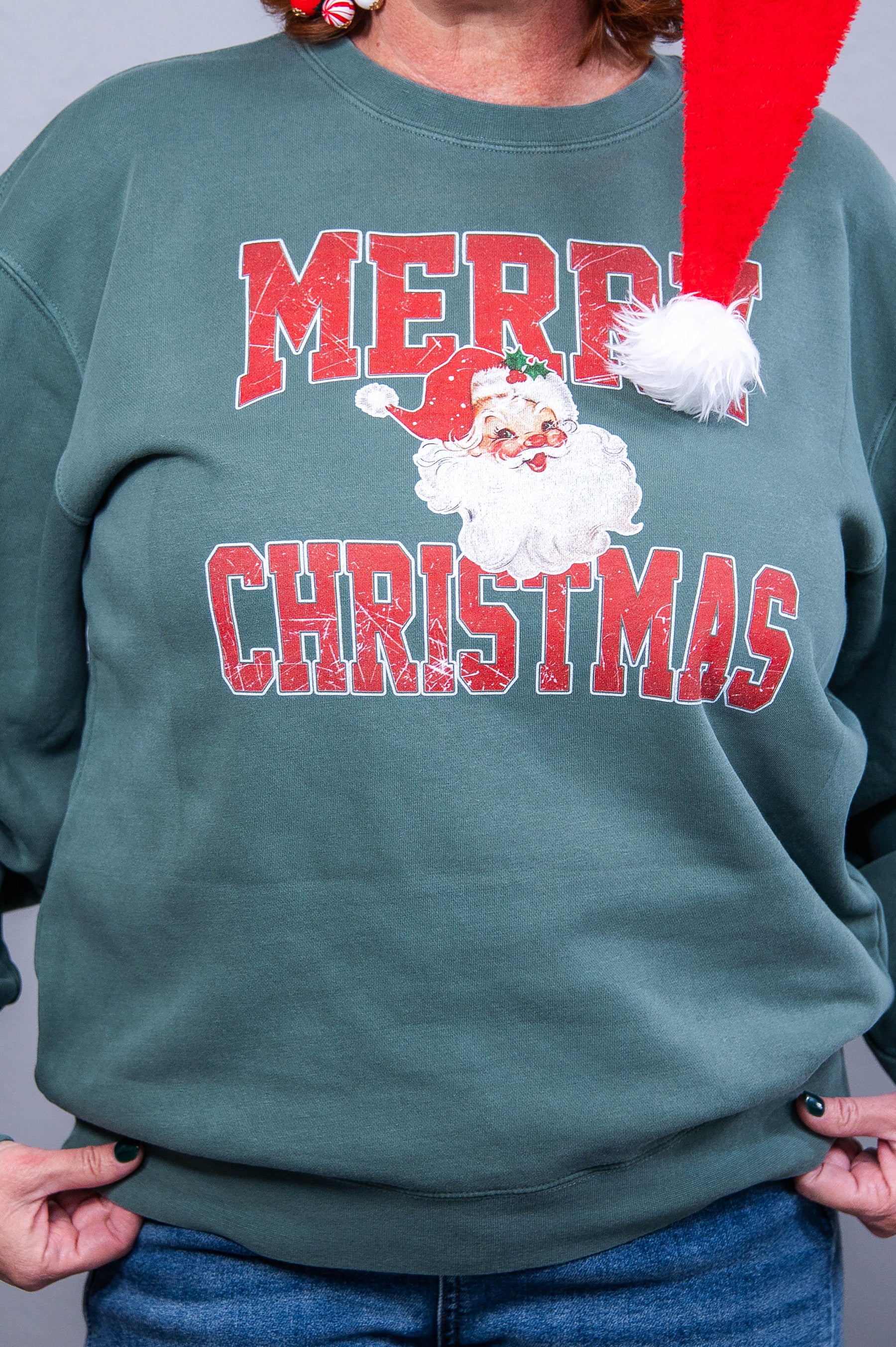 Merry Christmas Pigment Alpine Green Santa Face Graphic Sweatshirt - A3737PAG