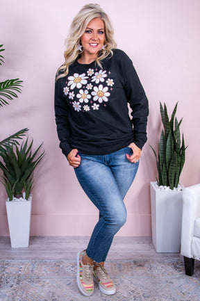 Flowers Are Happiness Black Graphic Sweatshirt - A3451BK