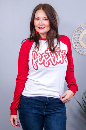 Festive White/Red Long Sleeve Graphic Tee - A3739WH