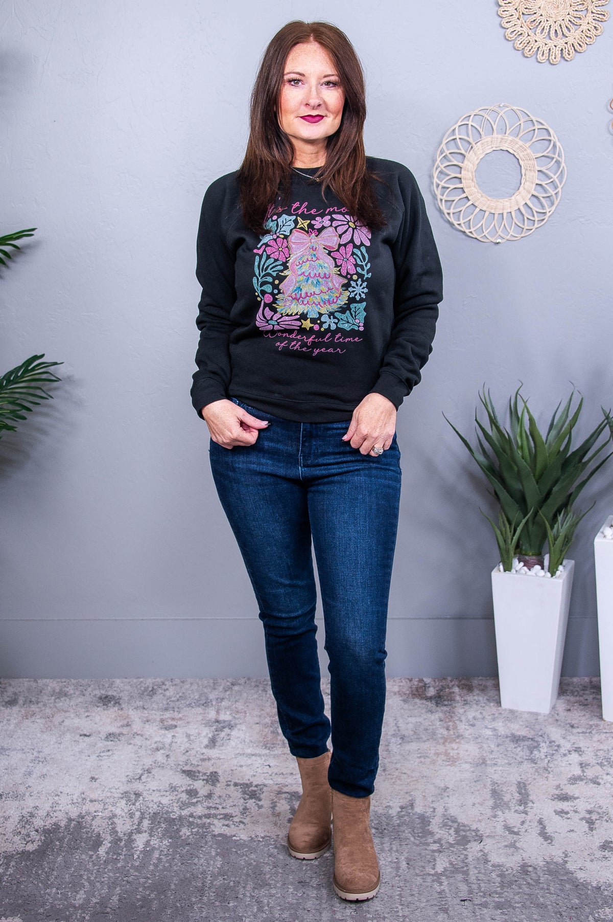 Home For The Holidays Black Christmas Printed Graphic Sweatshirt - A3745BK