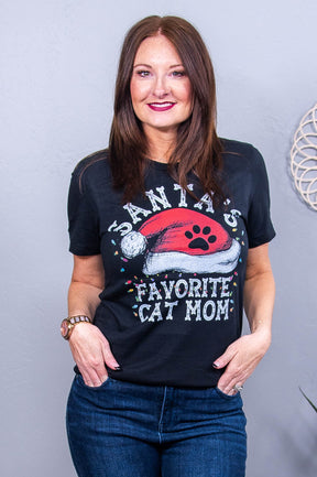 Santa's Favorite Cat Mom Black Graphic Tee - A3743BK