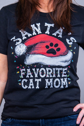 Santa's Favorite Cat Mom Black Graphic Tee - A3743BK