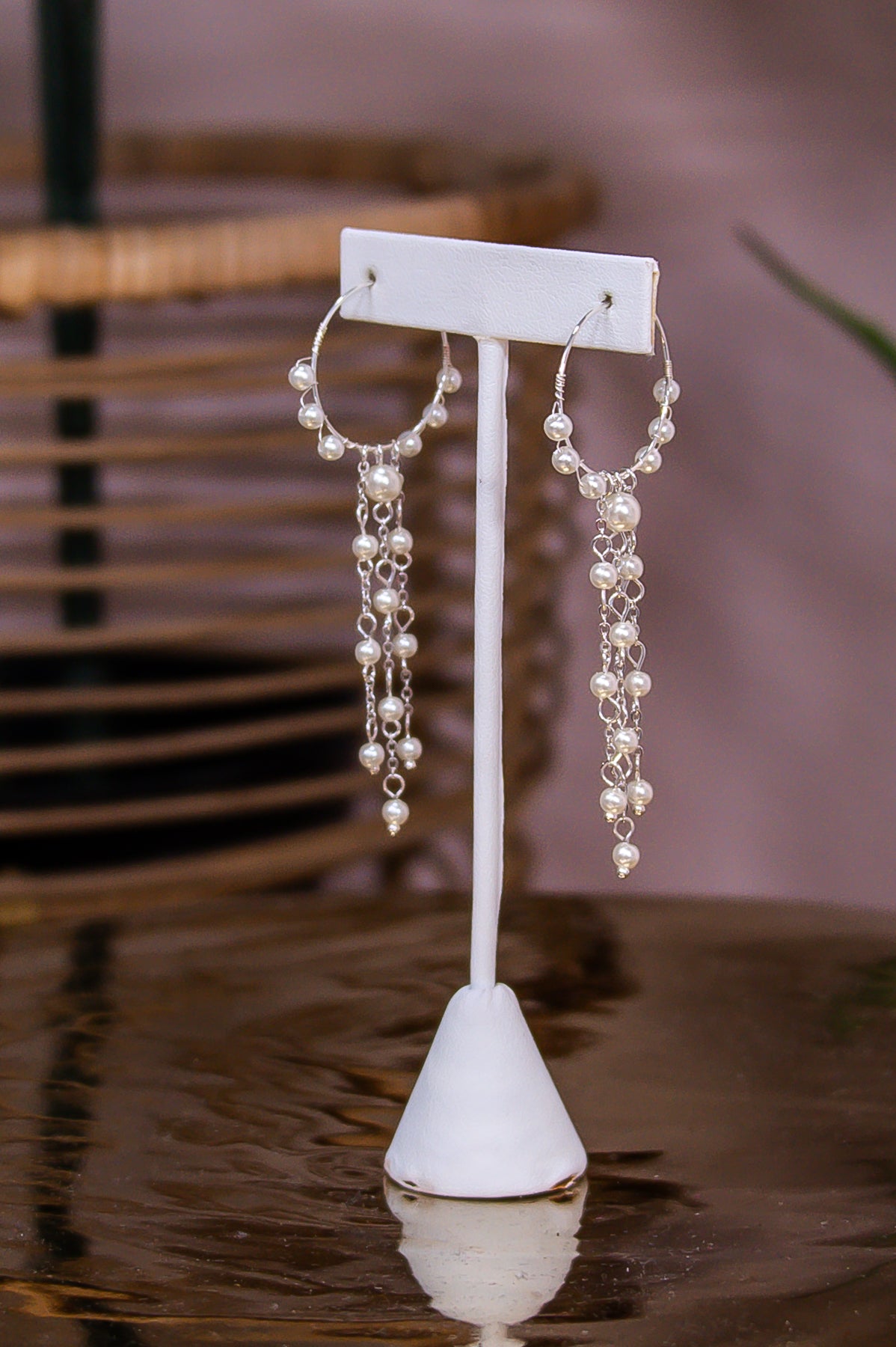 Silver/Pearl Beaded/Chain Linked Fringe Hoop Earrings - EAR4183SI