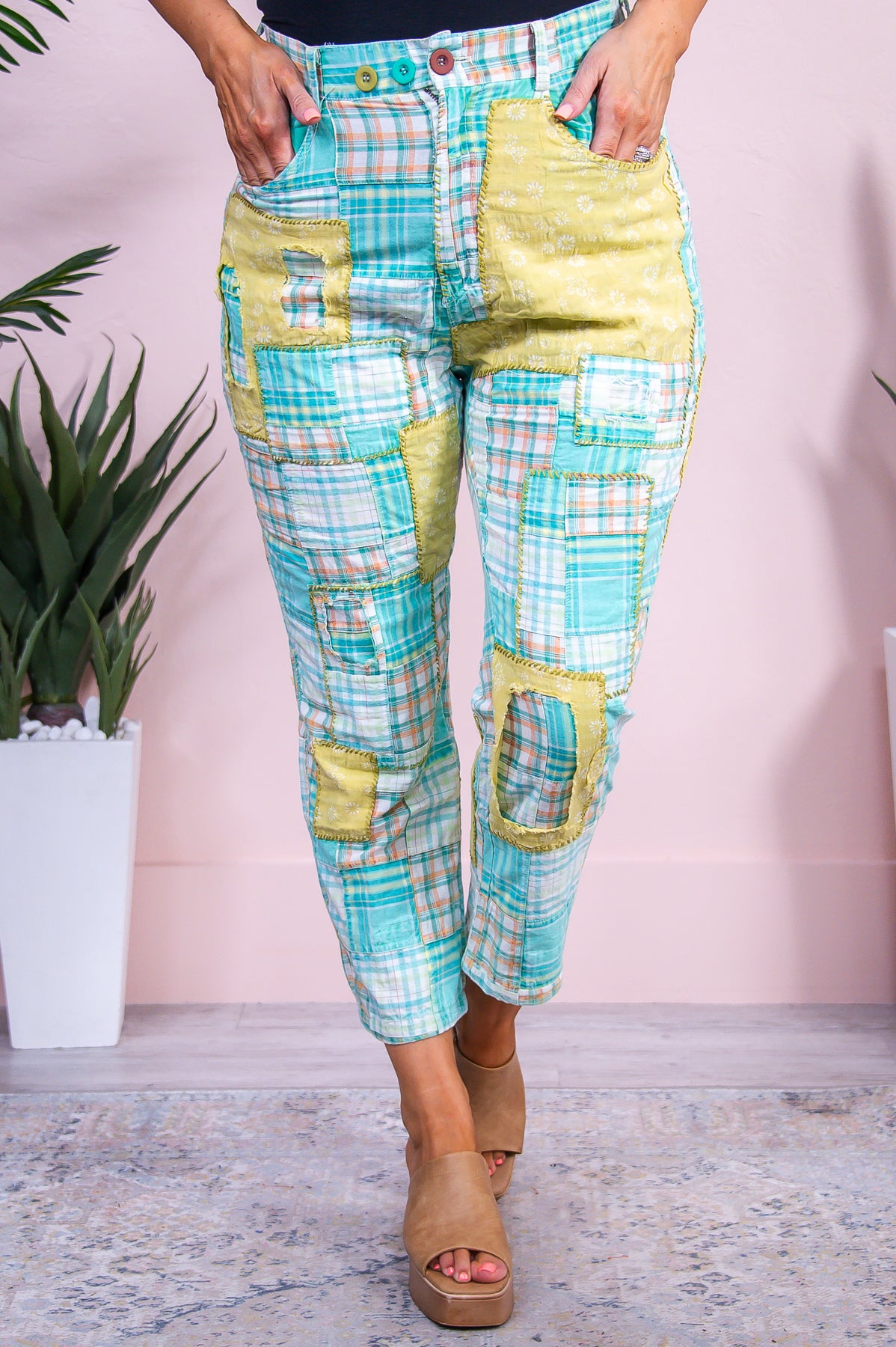 Her Southern Ways Mint/Multi Color Plaid/Floral Patchwork Pants - PNT1649MT