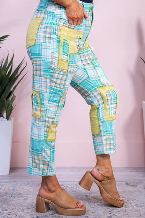 Her Southern Ways Mint/Multi Color Plaid/Floral Patchwork Pants - PNT1649MT