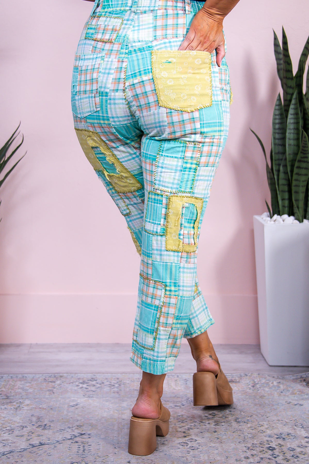 Her Southern Ways Mint/Multi Color Plaid/Floral Patchwork Pants - PNT1649MT