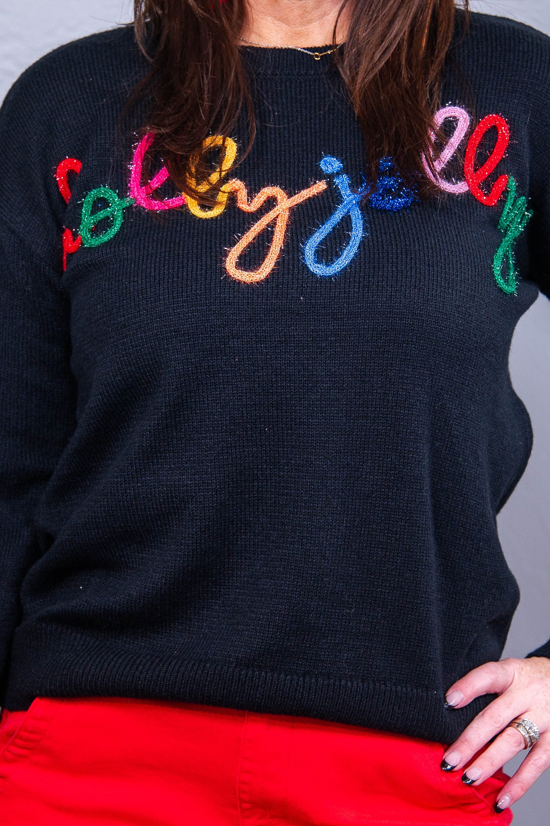 'Holly Jolly' Black/Multi Color Sweater Top - T10646BK