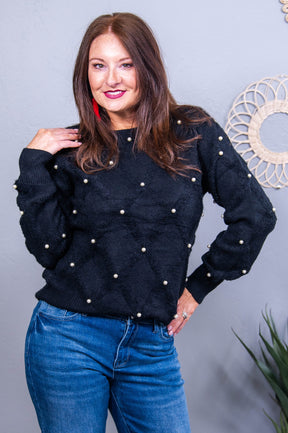 My Heart Is On The Line Black/Ivory Pearl Sweater Top - T10652BK