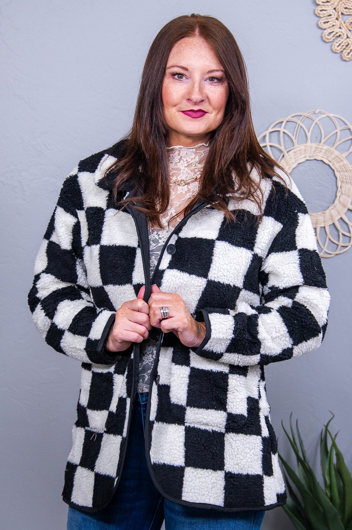 Hello Cold Days Black/White Checkered Sherpa Jacket - O5576BK