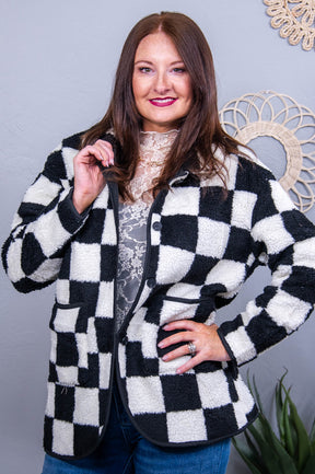 Hello Cold Days Black/White Checkered Sherpa Jacket - O5576BK