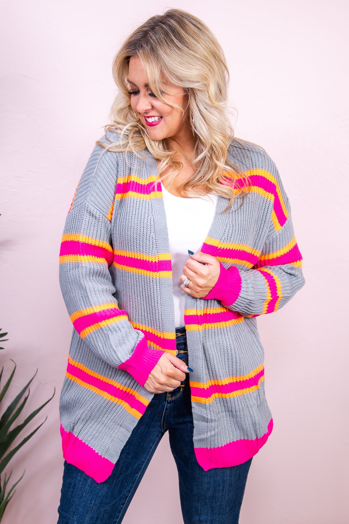 Comfort Made Easy Gray/Multi Color Striped Knitted Cardigan - O5125GR