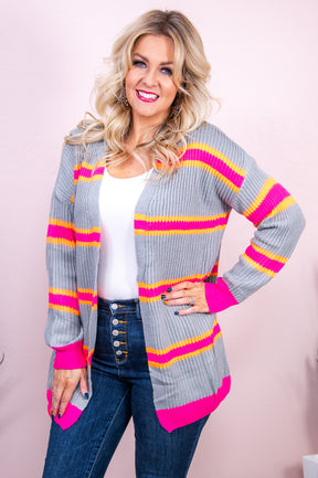 Comfort Made Easy Gray/Multi Color Striped Knitted Cardigan - O5125GR