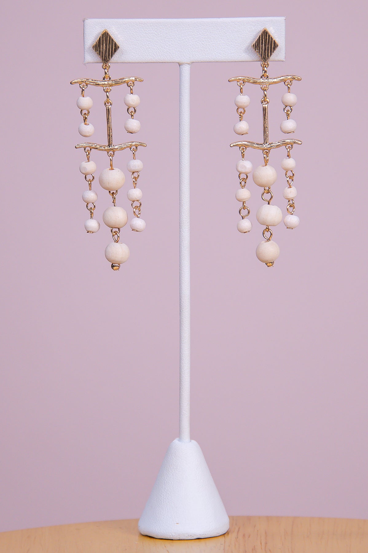 White/Gold Wooden Bead Chandelier Earrings - EAR4340WH