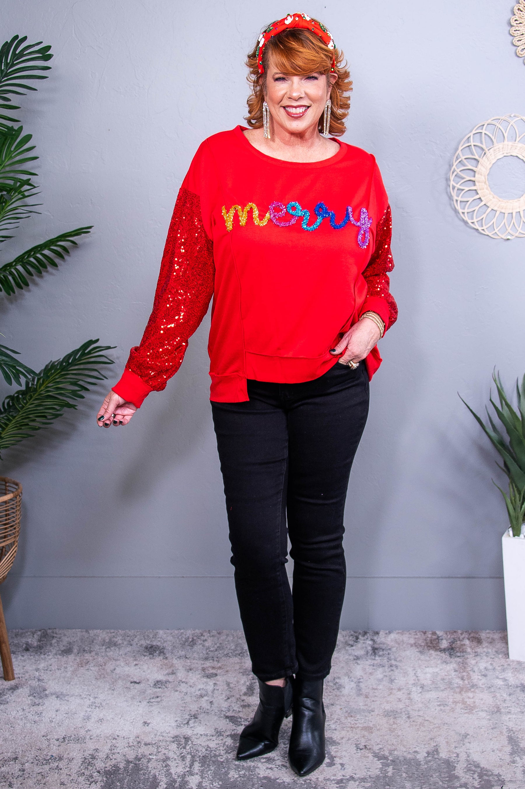 Very Merry Christmas To You Red/Multi Color Tinsel/Sequins Top - T10663RD