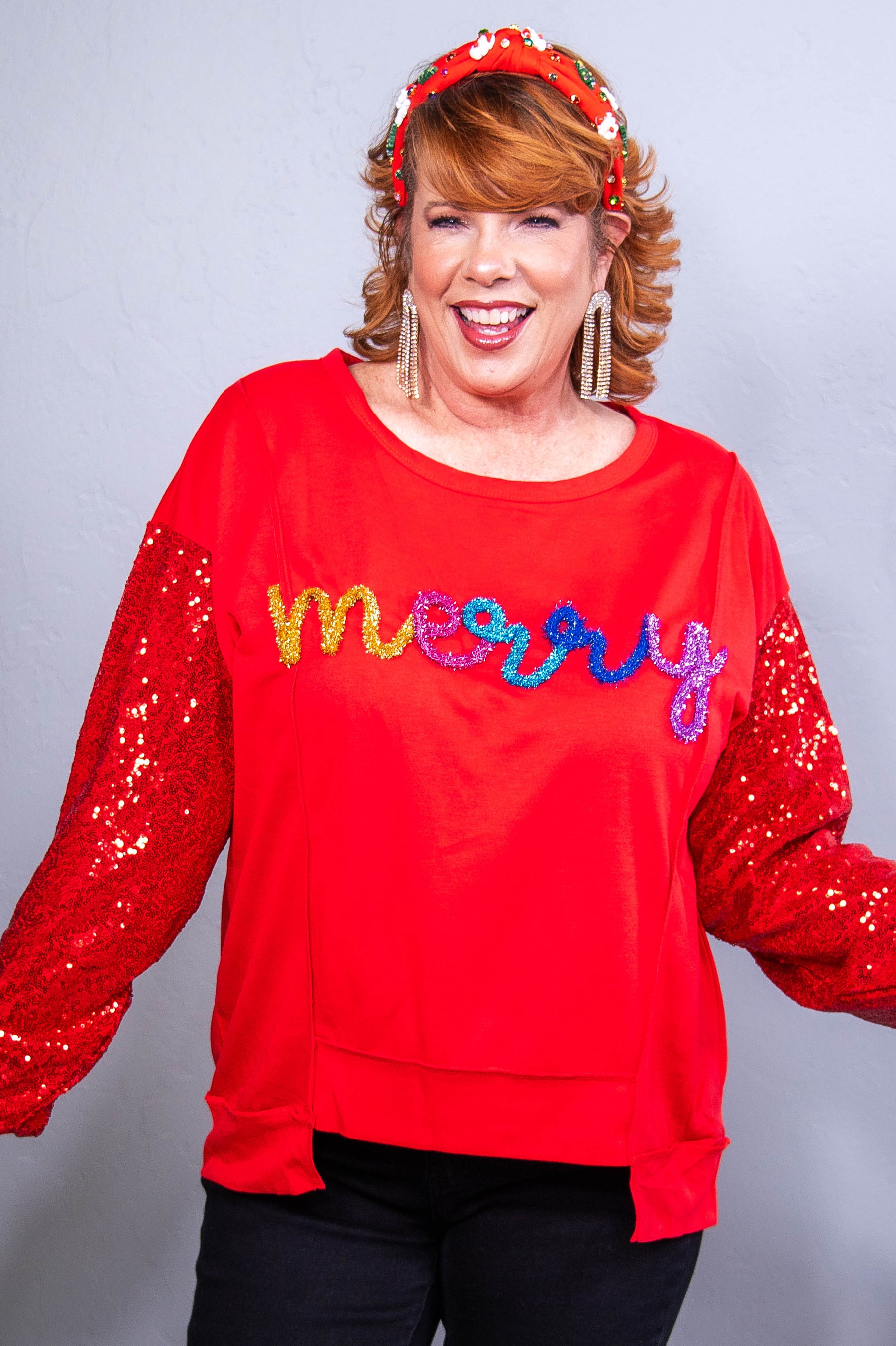 Very Merry Christmas To You Red/Multi Color Tinsel/Sequins Top - T10663RD