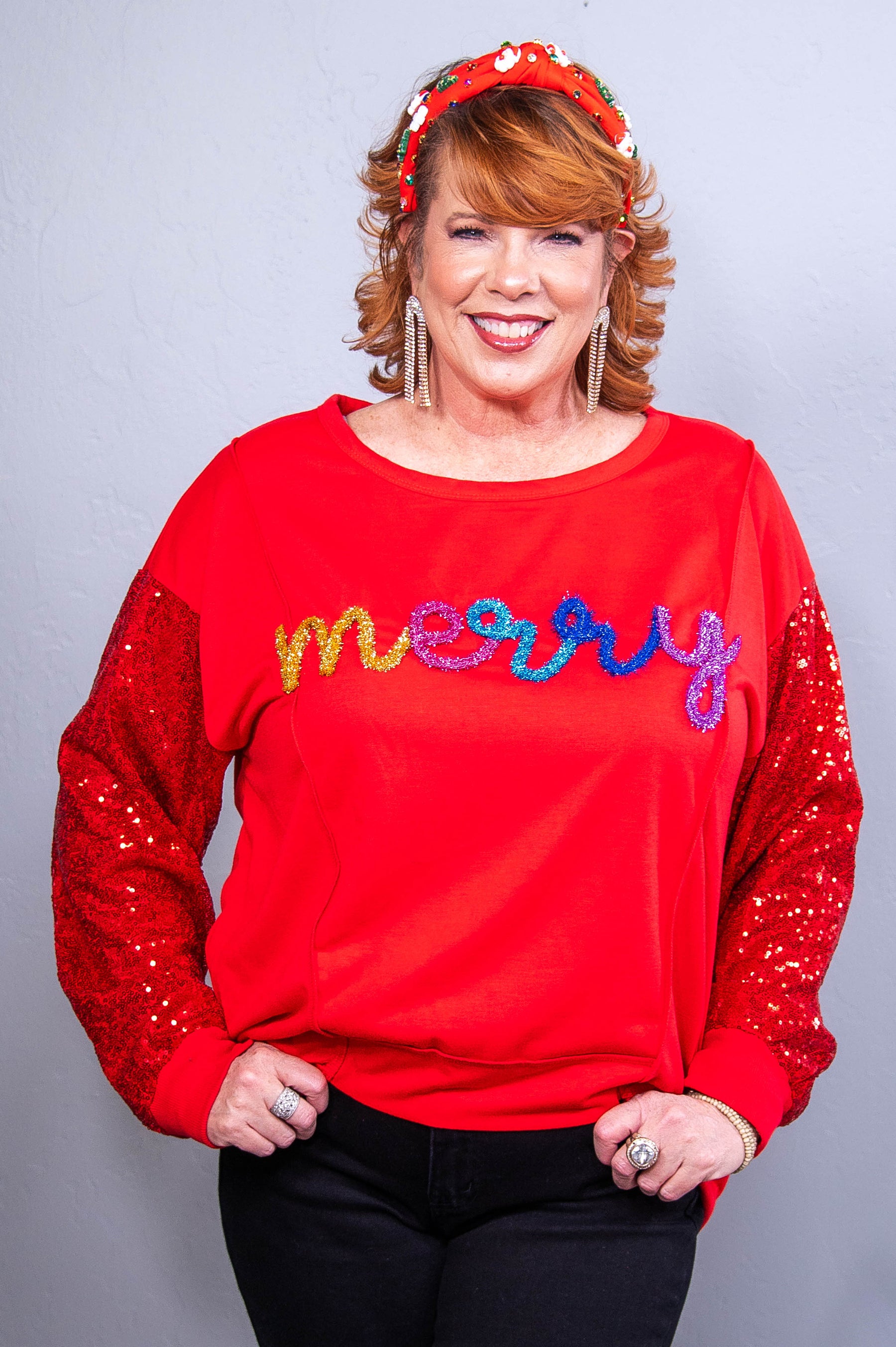 Very Merry Christmas To You Red/Multi Color Tinsel/Sequins Top - T10663RD