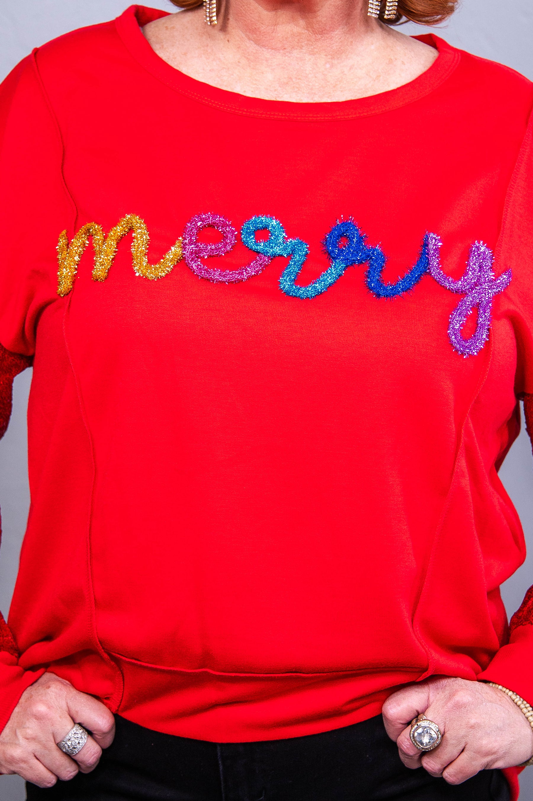 Very Merry Christmas To You Red/Multi Color Tinsel/Sequins Top - T10663RD