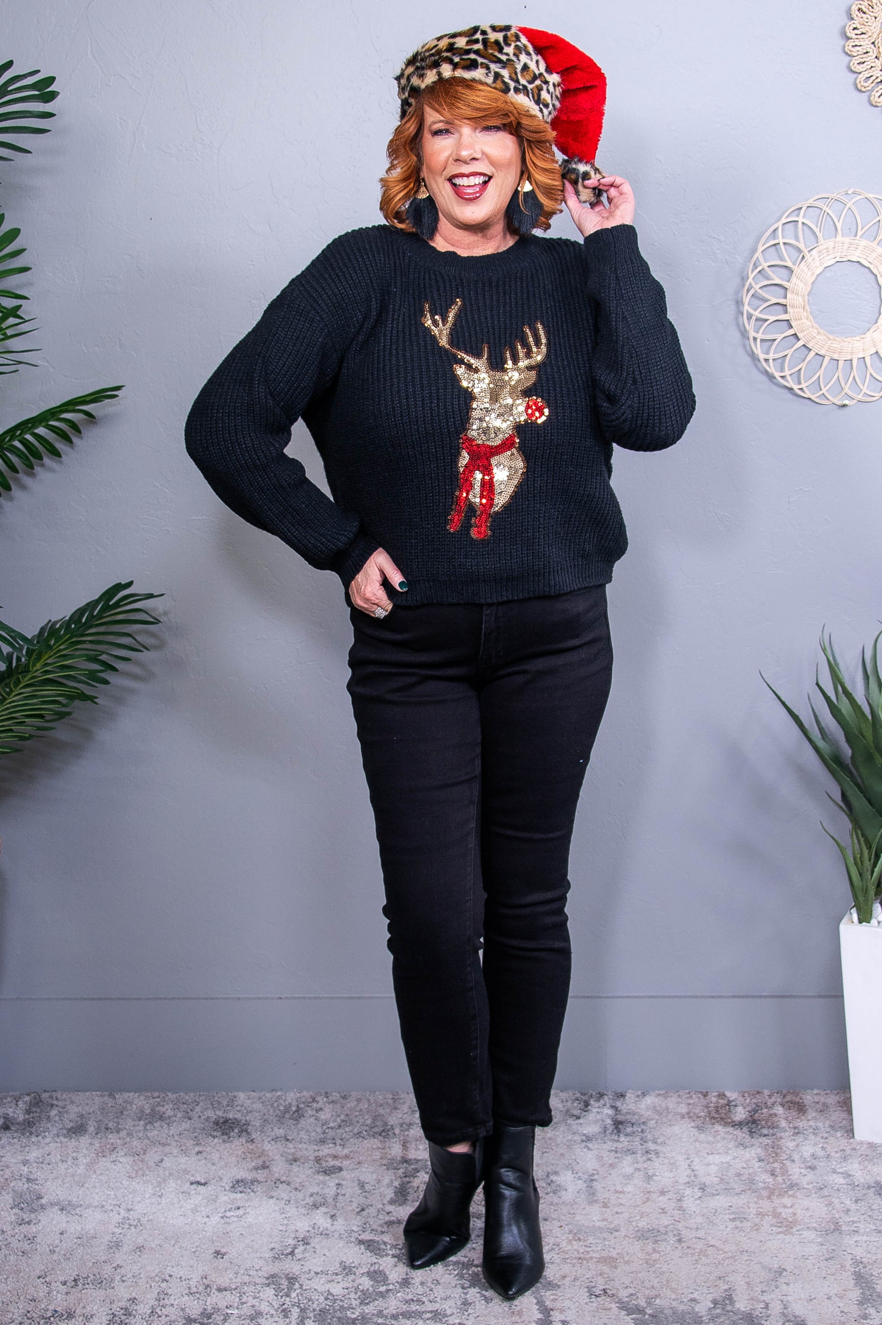 Santa's Little Reindeer Black Reindeer/Sequins Sweater Top - T10660BK