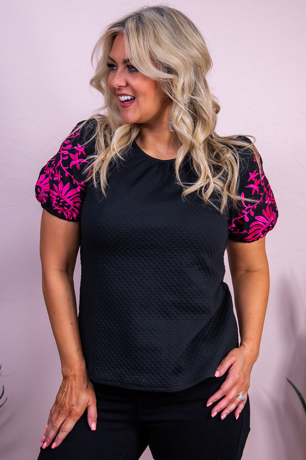 Bring The Pixie Dust Black/Hot Pink Floral Embroidered Top - T9872BK