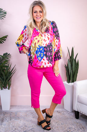 Exotic State Of Mind Rose/Multi Color Printed Colorblock Sheer Top - T9148RS