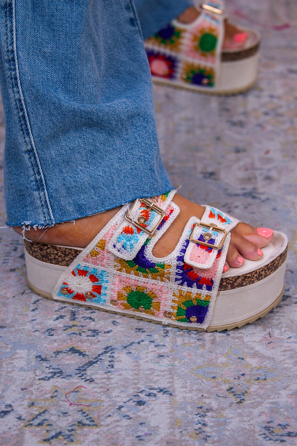 Always On The Move Beige/Multi Color Suede/Crochet Platform Sandals - SHO2720BG