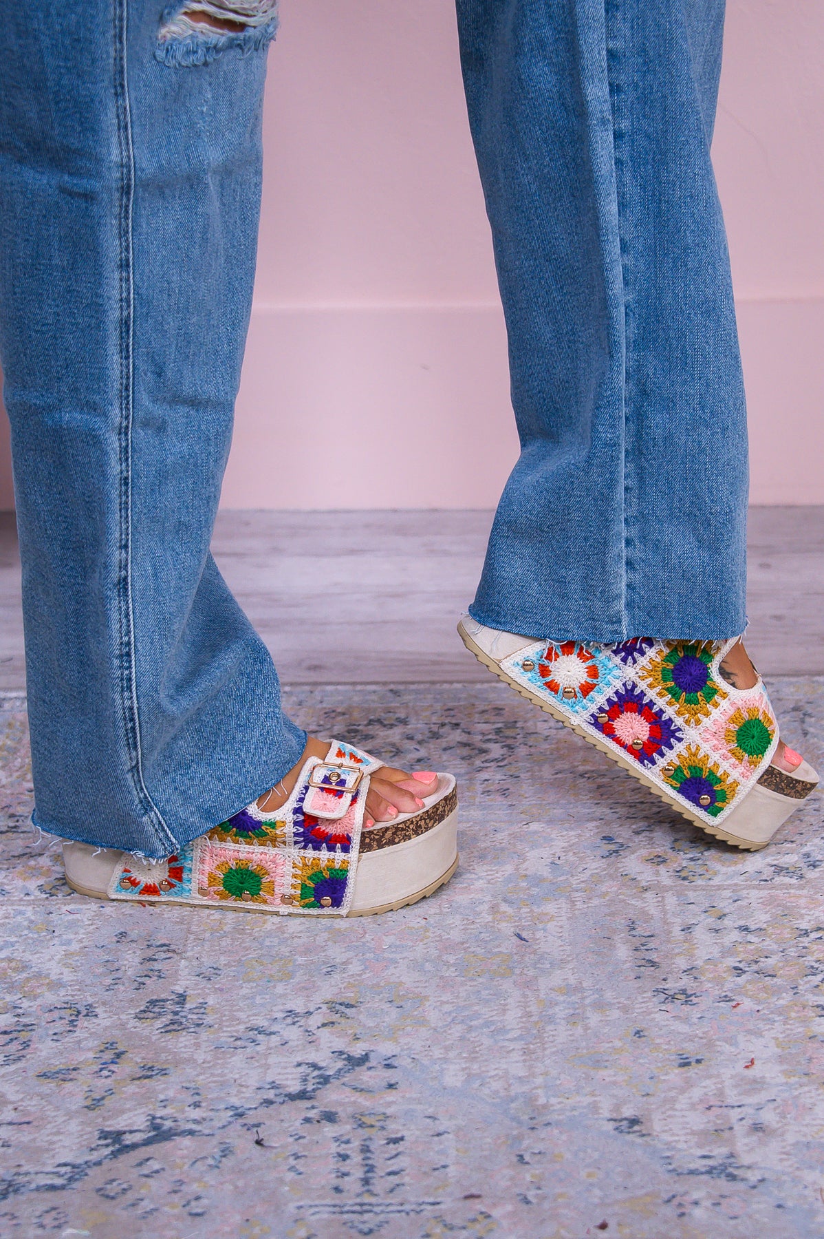 Always On The Move Beige/Multi Color Suede/Crochet Platform Sandals - SHO2720BG