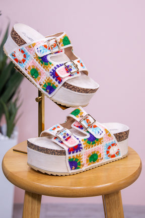 Always On The Move Beige/Multi Color Suede/Crochet Platform Sandals - SHO2720BG