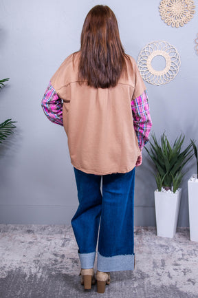 Life Is Better With You Taupe/Multi Color Plaid Top - T10677TA