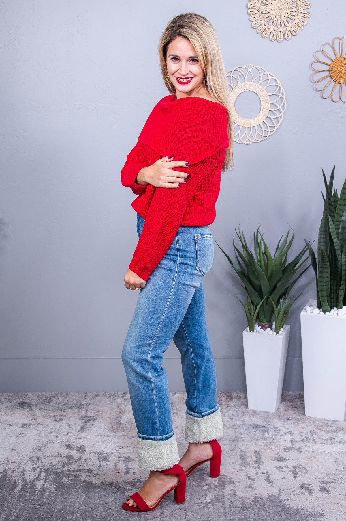 Stay Cozy, Its Cute Red Solid Knitted Off The Shoulder Top - T10688RD