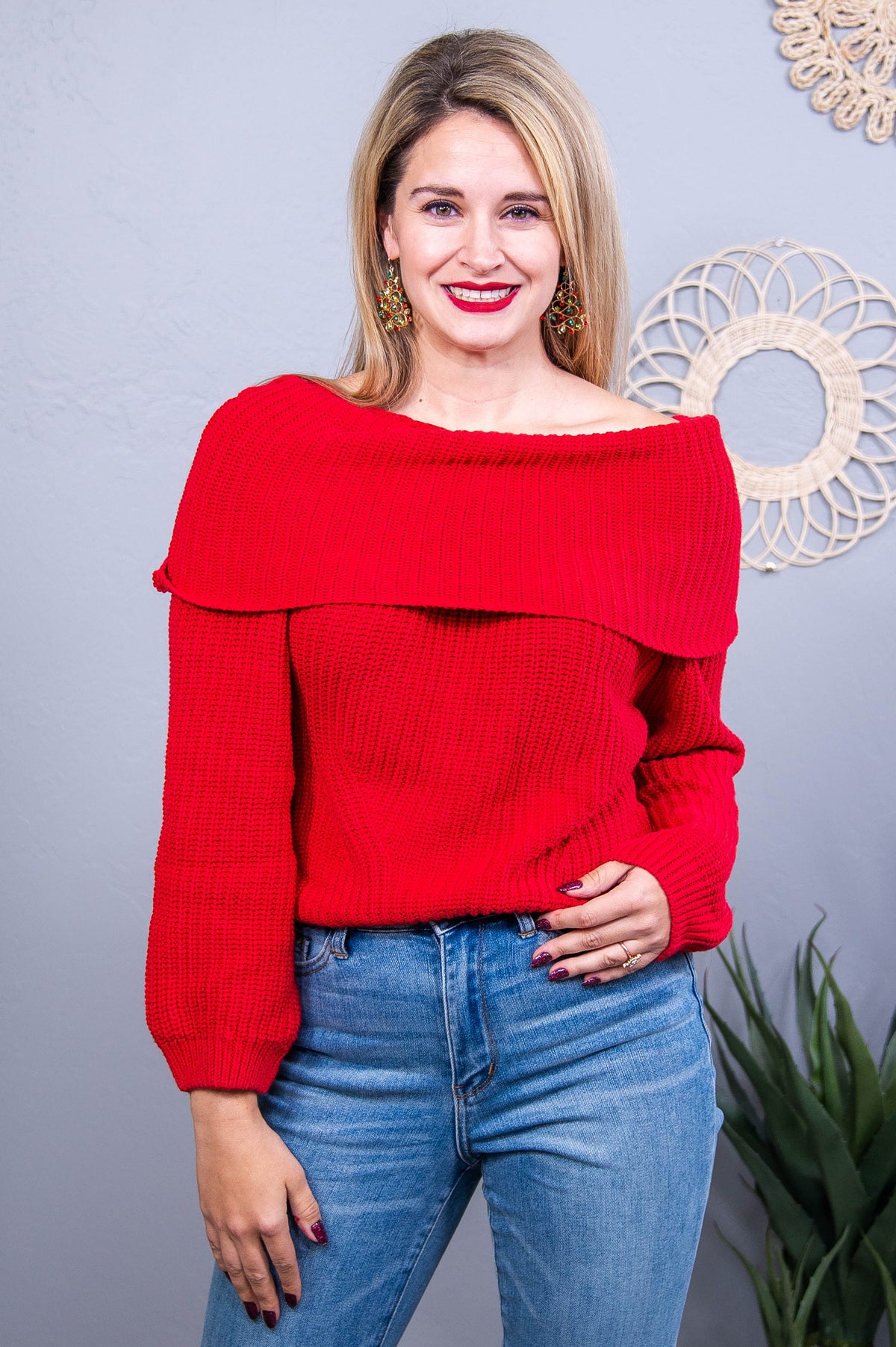 Stay Cozy, Its Cute Red Solid Knitted Off The Shoulder Top - T10688RD