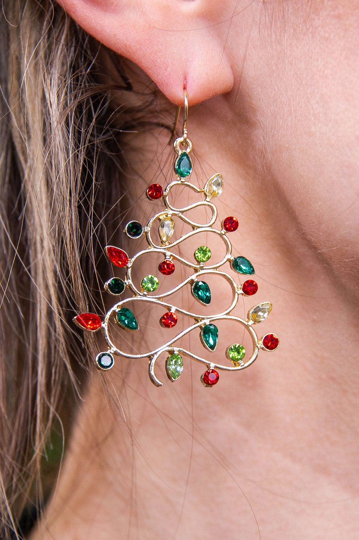 Christmas Tree Rhinestone Multi/Gold Dangle Earrings - EAR4451MU