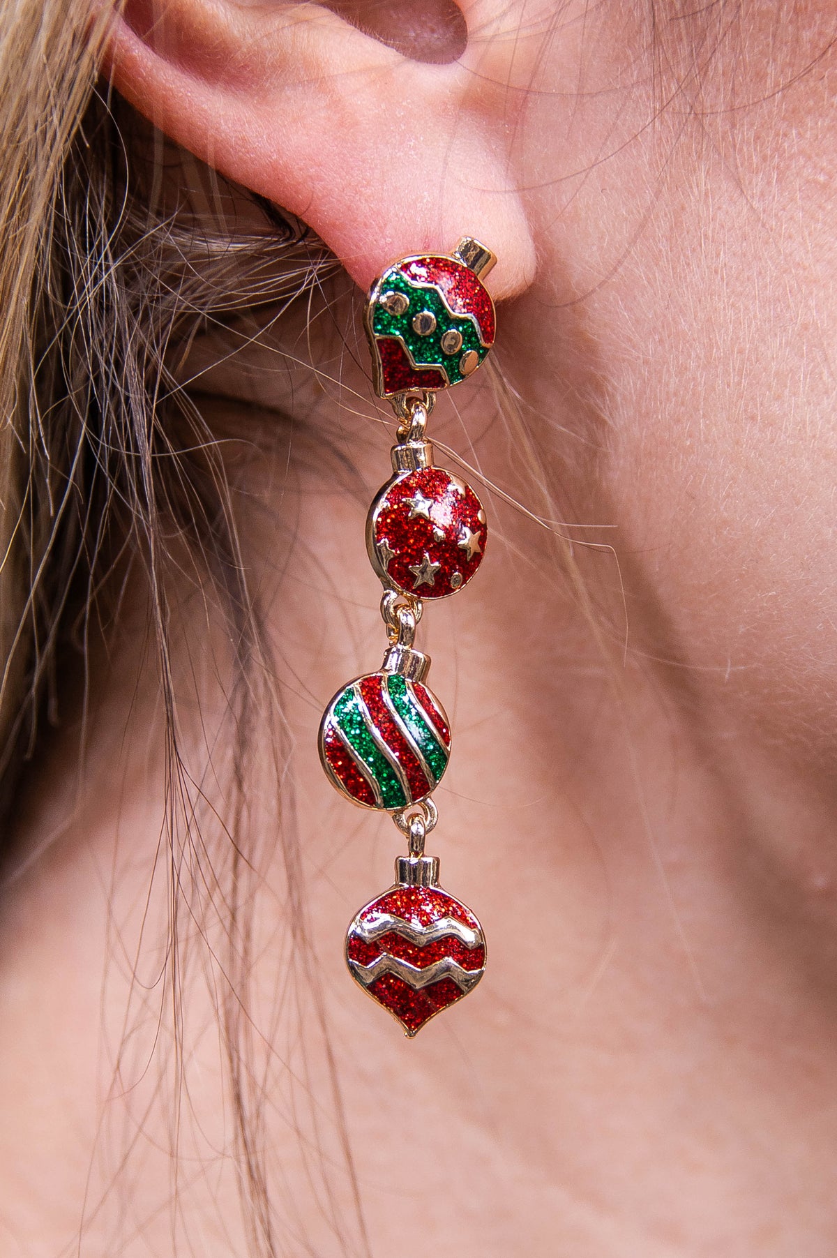 Red/Gold Ornament with Glitter Dangle Earrings - EAR4450RD