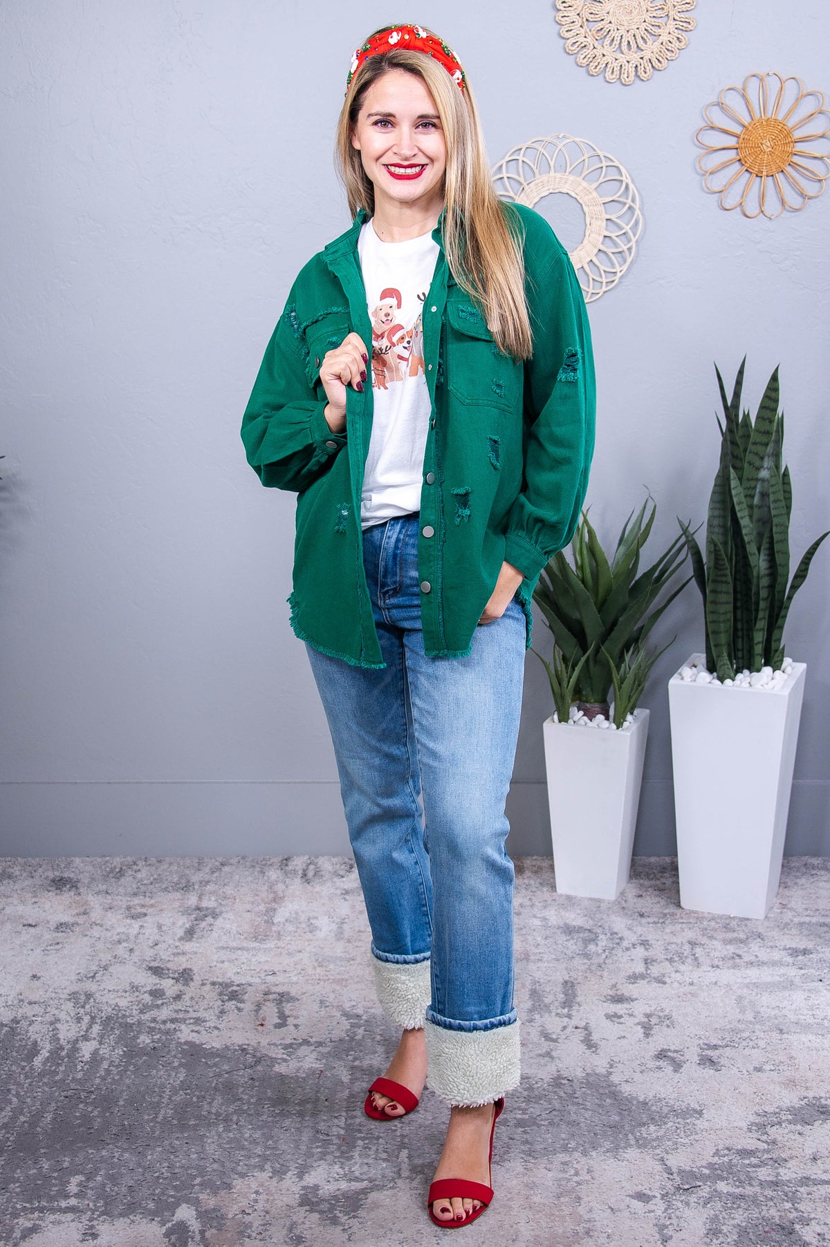 Hooked On The Holidays Green Distressed Denim Jacket - O5656GN