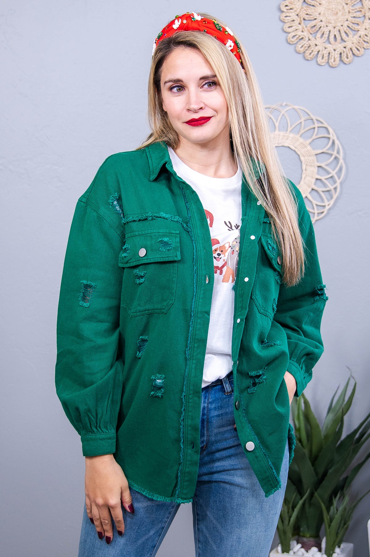 Hooked On The Holidays Green Distressed Denim Jacket - O5656GN