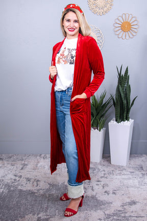 There Is Always Hope Red Solid Velvet Long Cardigan - O5585RD