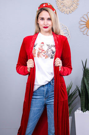 There Is Always Hope Red Solid Velvet Long Cardigan - O5585RD