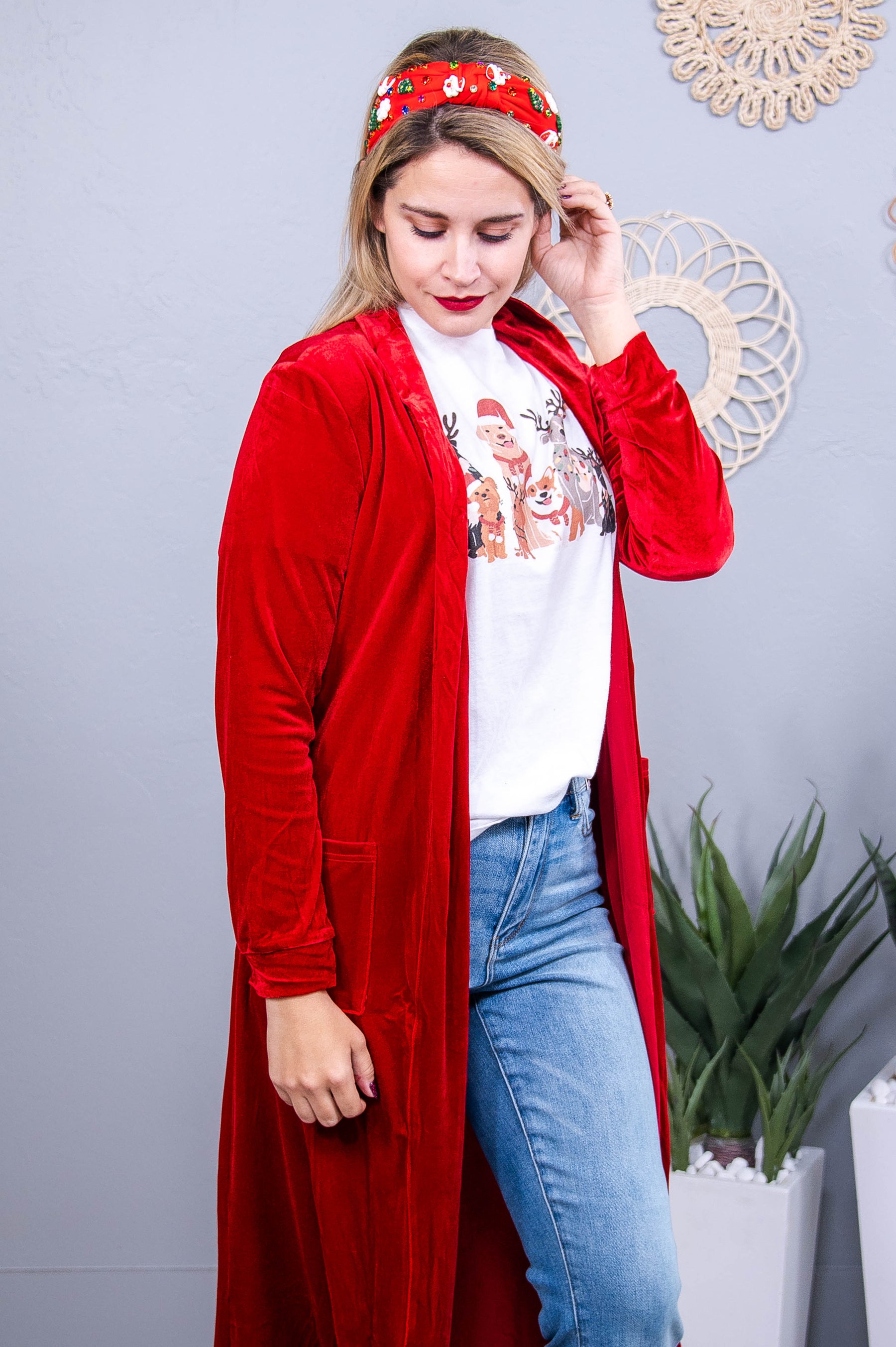 There Is Always Hope Red Solid Velvet Long Cardigan - O5585RD