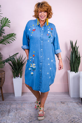 True Happiness Denim Blue/Multi Color Embroidered Dress - D5449DBL